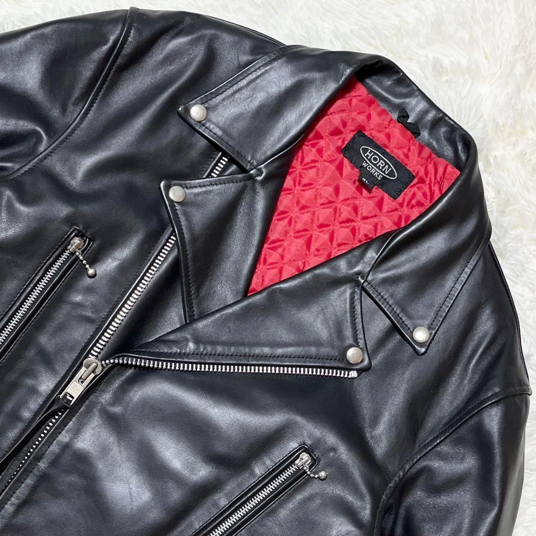 美品 希少サイズ ホーンワークス ダブルライダースジャケット 3L レザー 黒