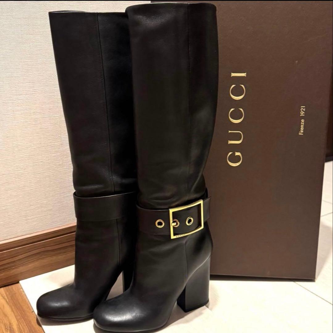 【美品】グッチ　ロングブーツ　ブラック　ロゴ　本革　レザー 37