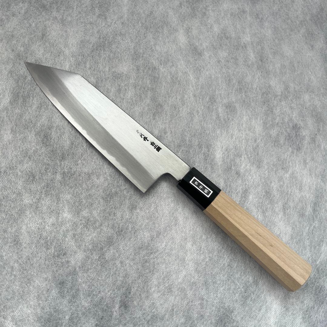 唯千里オリジナル ＜中川作＞ 堺製白二鋼　剣型三徳170 mm【八角水牛柄】