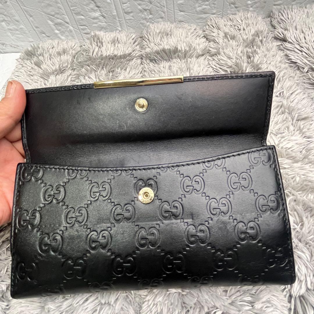 美品✨GUCCI シマ　レザー　長財布　ブラック　メンズ　ロゴプレート　Wホック