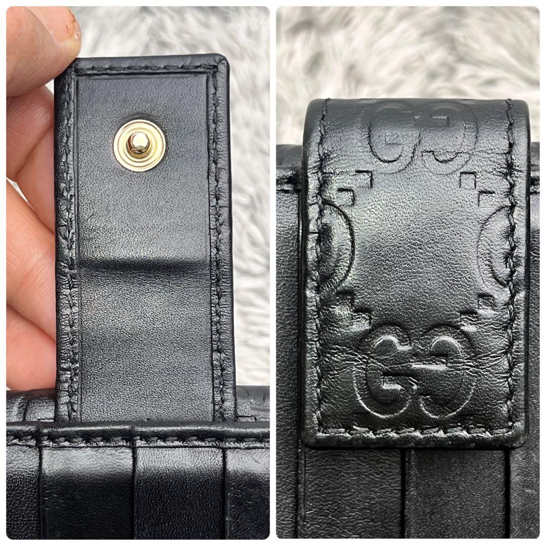 美品✨GUCCI シマ　レザー　長財布　ブラック　メンズ　ロゴプレート　Wホック