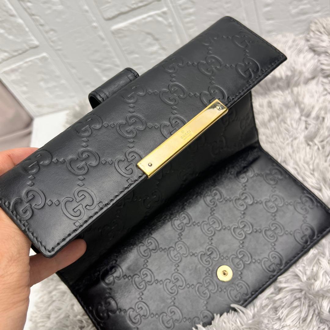 美品✨GUCCI シマ　レザー　長財布　ブラック　メンズ　ロゴプレート　Wホック