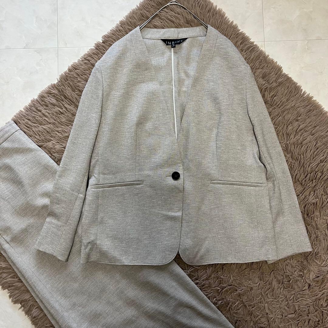 洗える✨インディヴィ　リネン風セットアップパンツスーツ✨大きいサイズ48&44