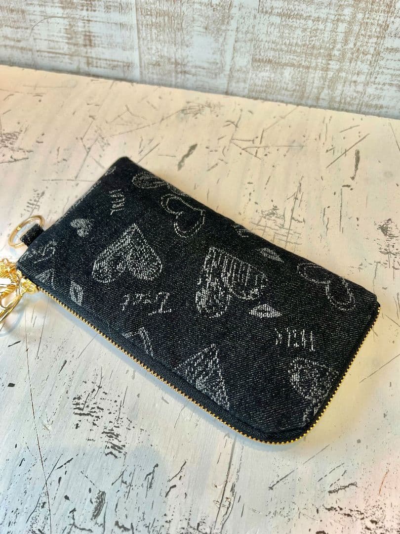 ロラライハリス♡ブラック英字デニム生地♡刺繍の楕円底バッグ♡長財布セット♡