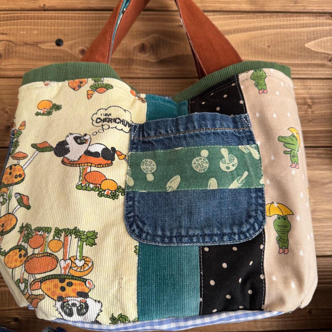 ハンドメイド デニムリメイク バッグ くまさん 楕円底 2way 55