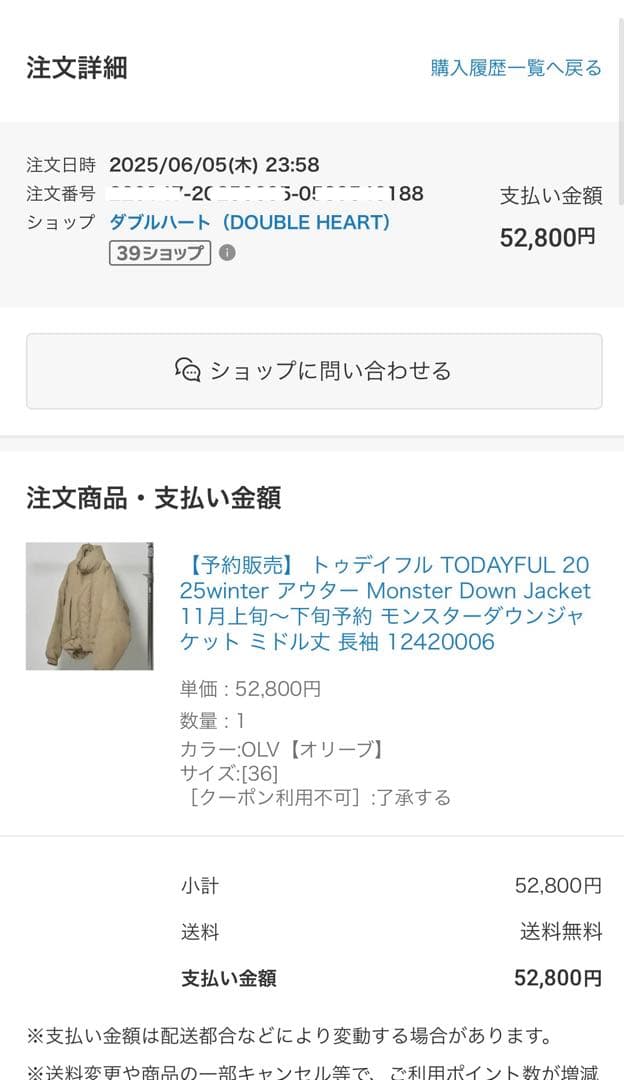 TODAYFUL 美品2025 Monster Down Jacket 36