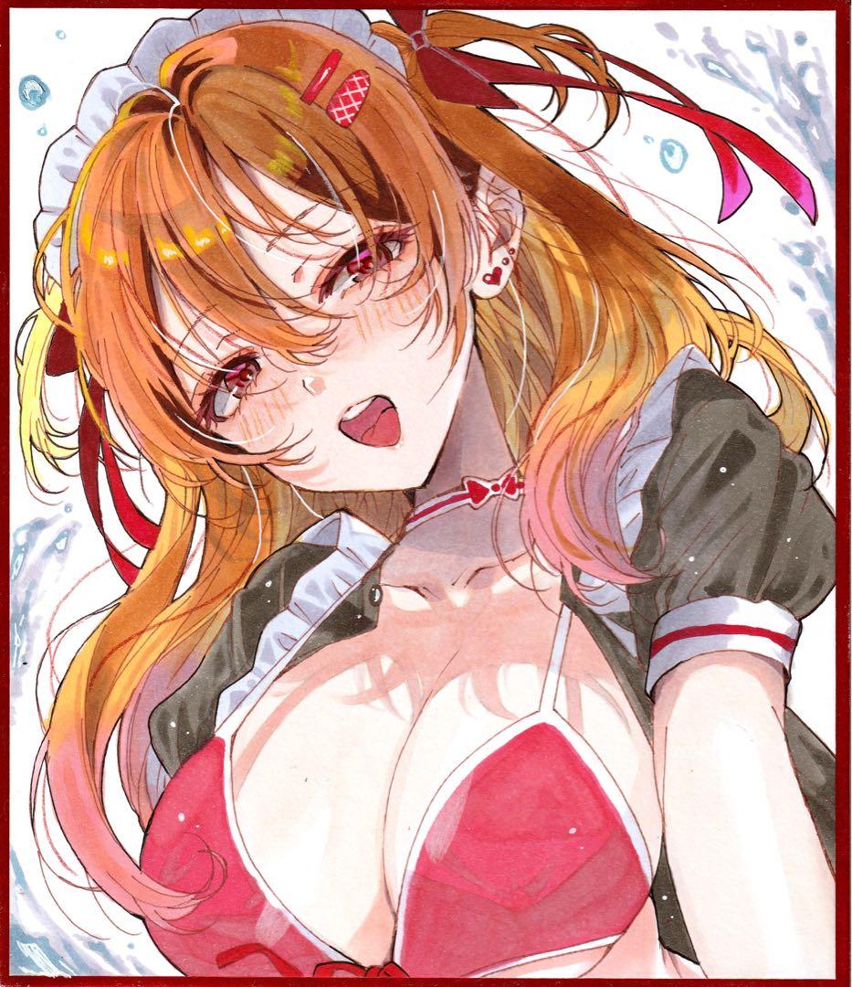 オリジナル 手描きイラスト 色紙 水着メイドさん