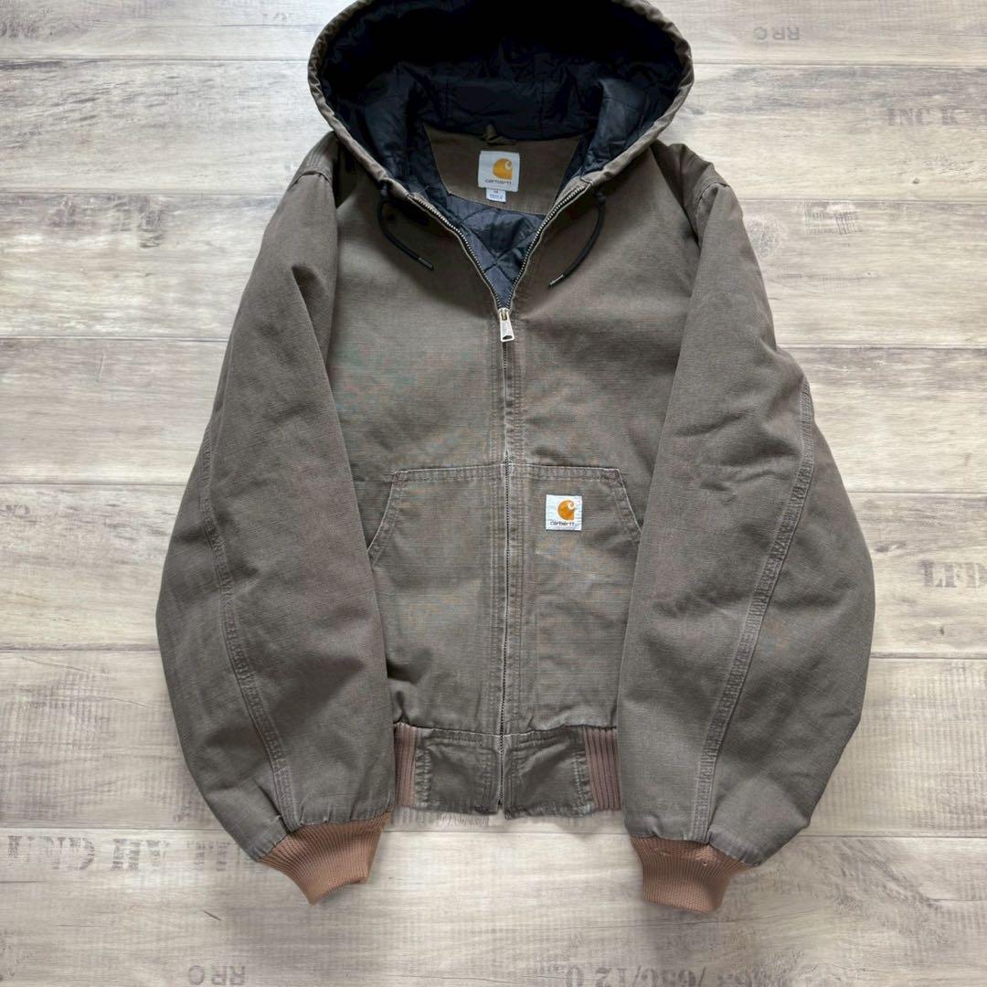 希少カーハートアクティブジャケットリップストップL古着短丈オリーブブラウン
