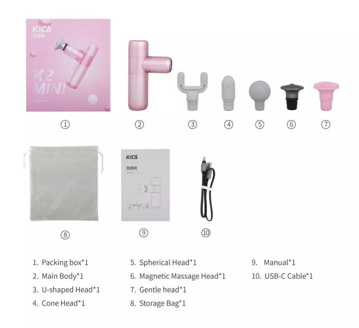 最新 KiCA MINI マッサージガン 5種類のヘッド (ピンク)
