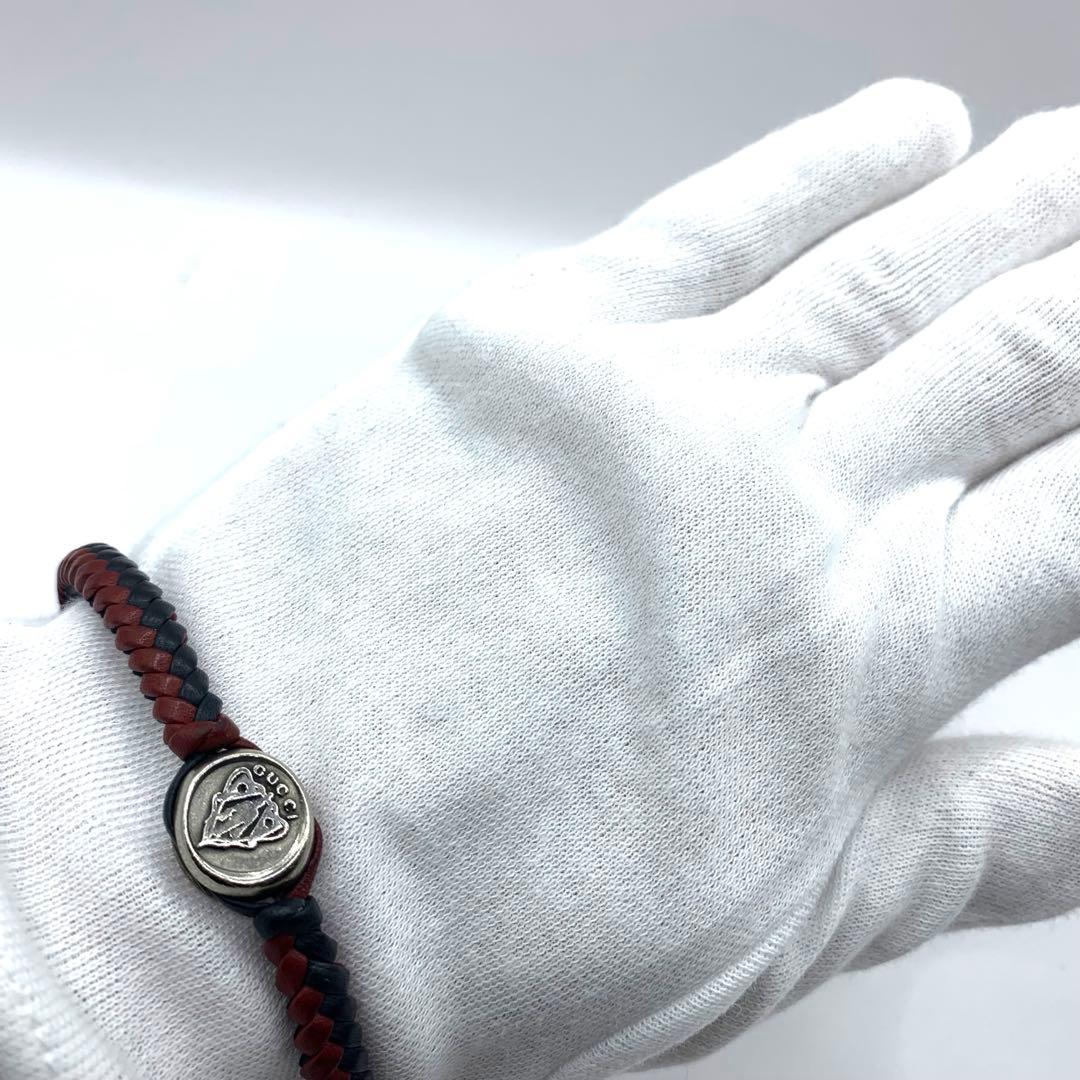 GUCCI グッチ 編み込み レザーブレスレット メンズ 正規品 ブラック 赤