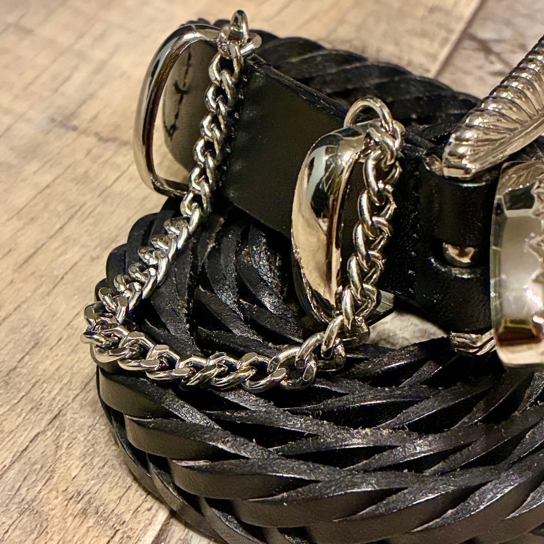 【美品】JieDa チェーンベルト ウエスタン 編みレザー 黒