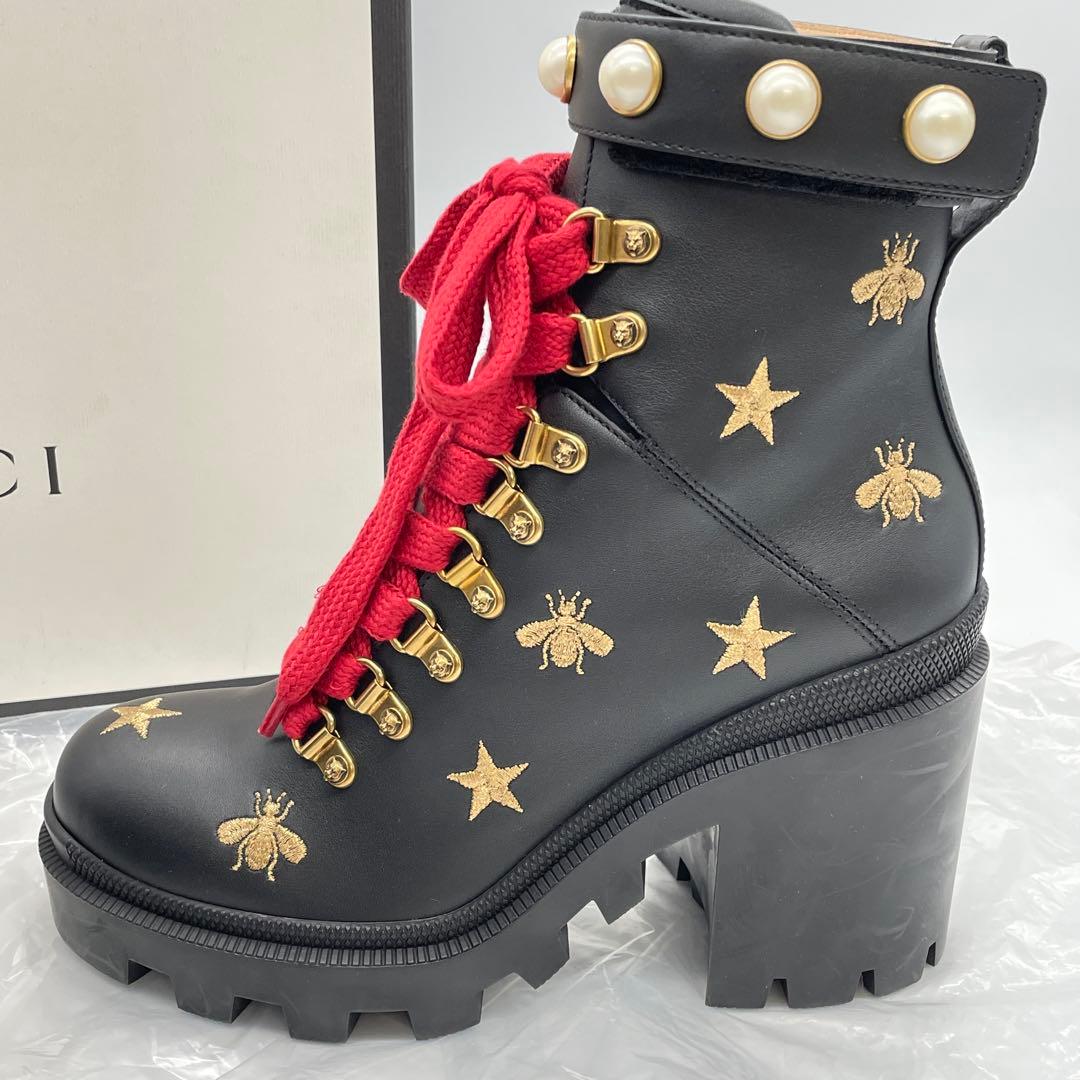 【M52】美品　GUCCI グッチ　コンバットブーツ　ハチ　スター　レザー