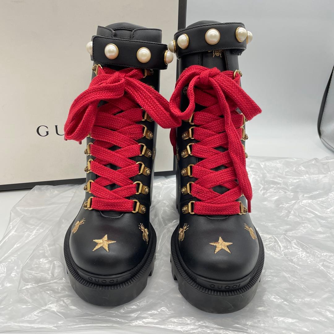 【M52】美品　GUCCI グッチ　コンバットブーツ　ハチ　スター　レザー