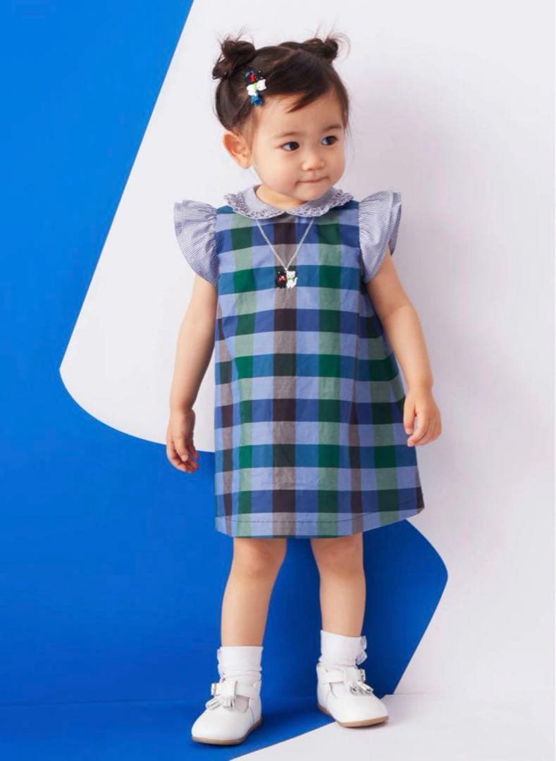 ファミリア　ギンガムチェック　ネコ刺繍　ワンピース　90