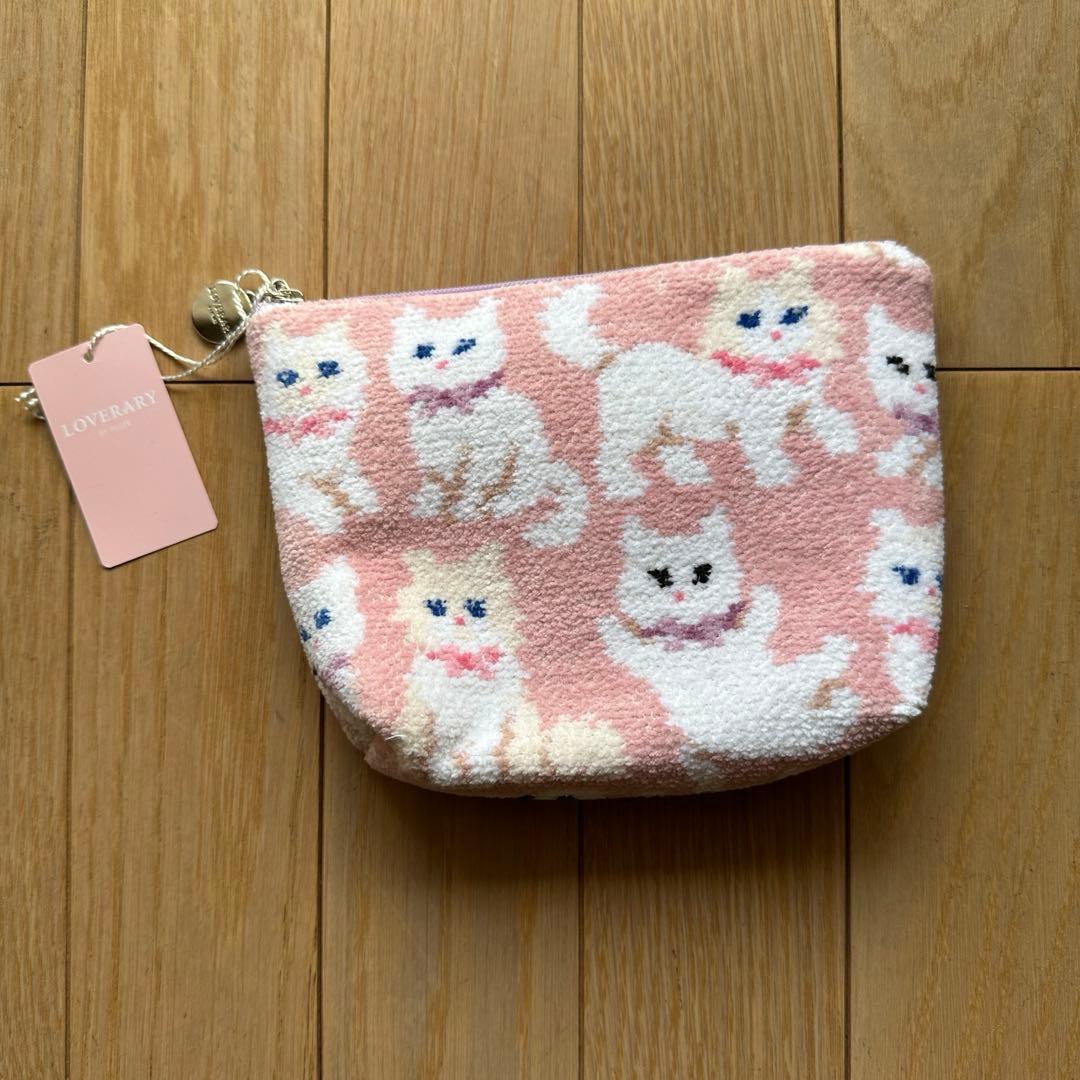 ラブラリーバイフェイラー モフモフネコチャン 舟型ポーチ L ペールピンク