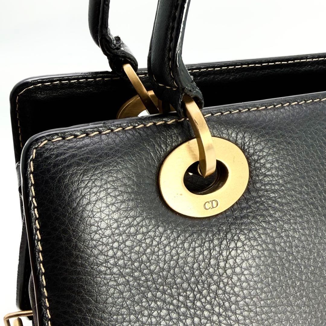 【美品】クリスチャンディオール レザーハンドバッグ 横長 鍵付き ブラック