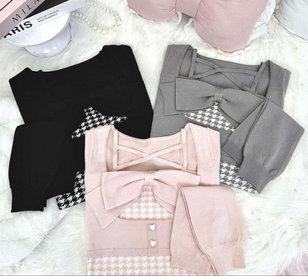 ミシェルマカロン　イモ　ビッグリボンアンサンブルトップス　ハニーミュウ　グレー