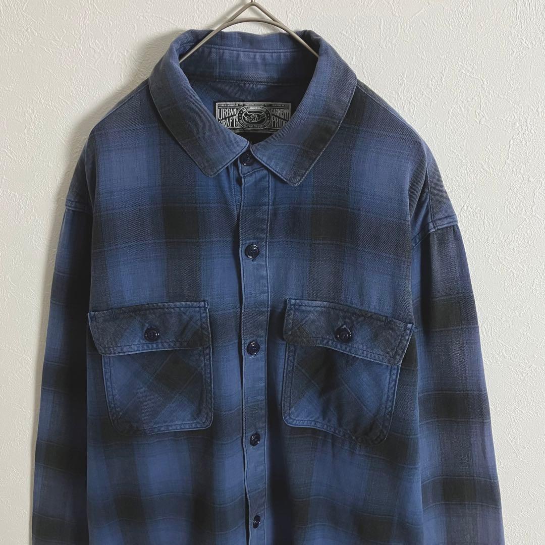 ネイバーフッド　長袖シャツ　オンブレチェック　青　ブルー　古着