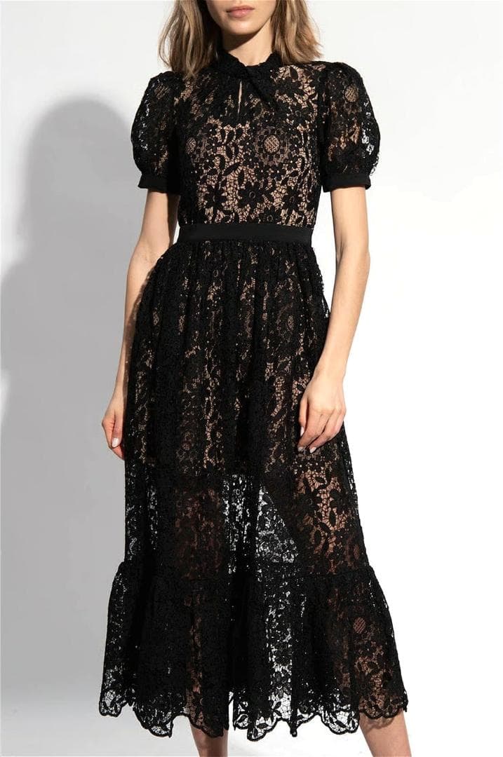 ジ*ン様 セルフポートレイト ワンピース ギピュールレース 花柄 黒 UK8 未