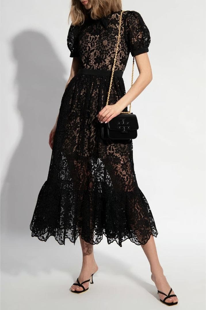 ジ*ン様 セルフポートレイト ワンピース ギピュールレース 花柄 黒 UK8 未