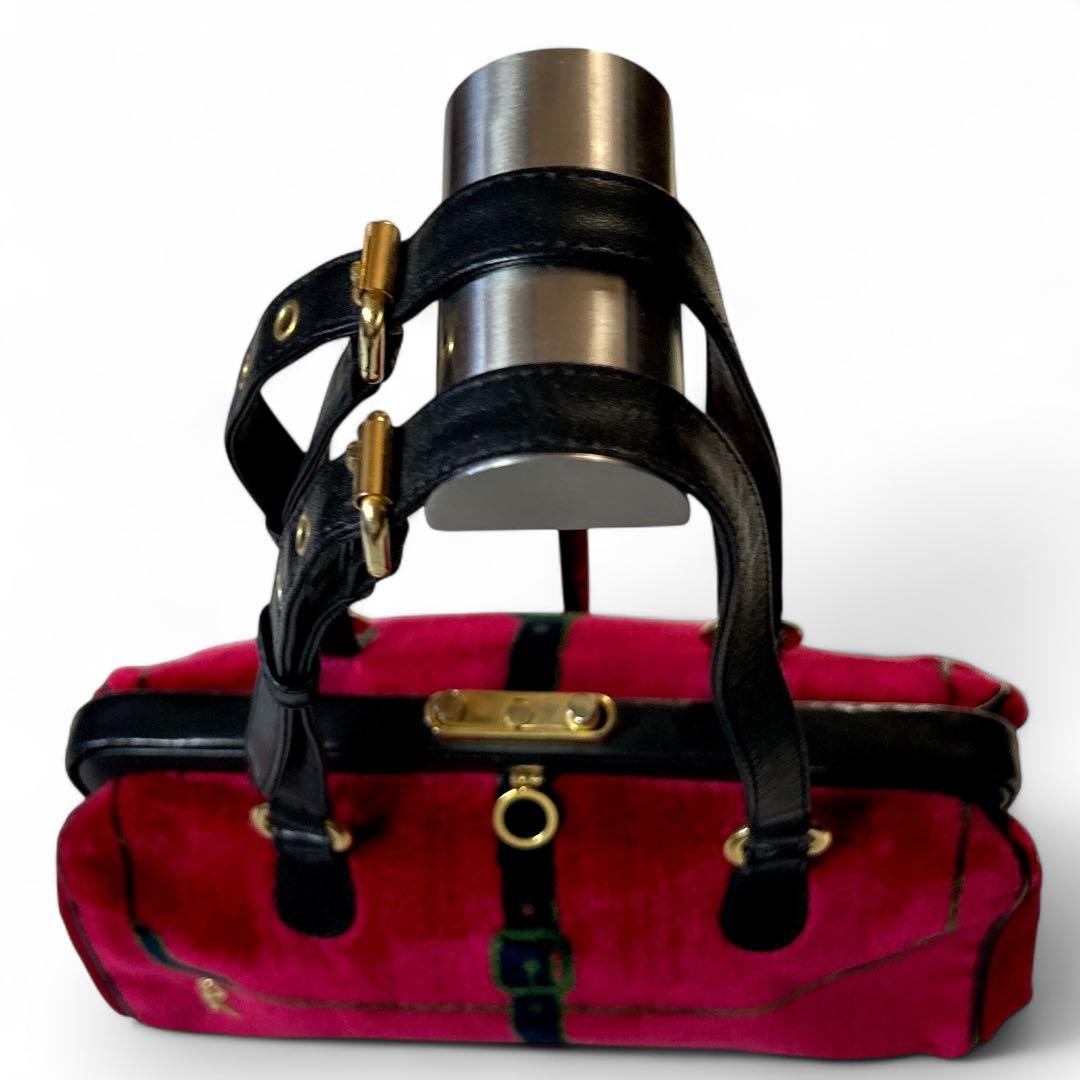 ロベルタディカメリーノ 口金　ベルベット 赤 ハンドバッグ　ロゴ　がま口