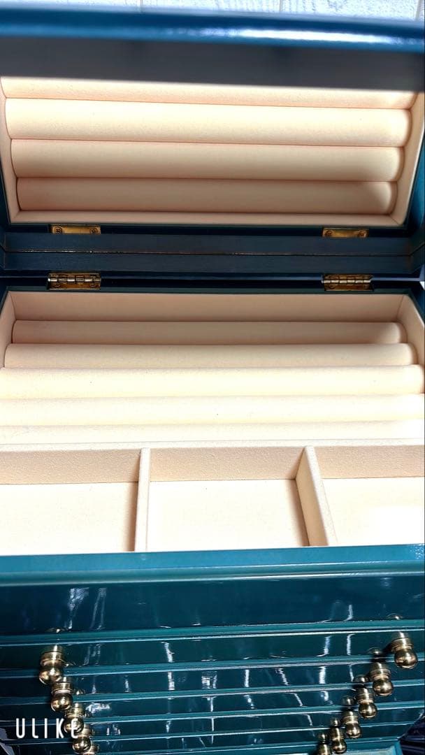 ティール色の花柄象嵌細工小物入れ　アンティーク　イタリア製