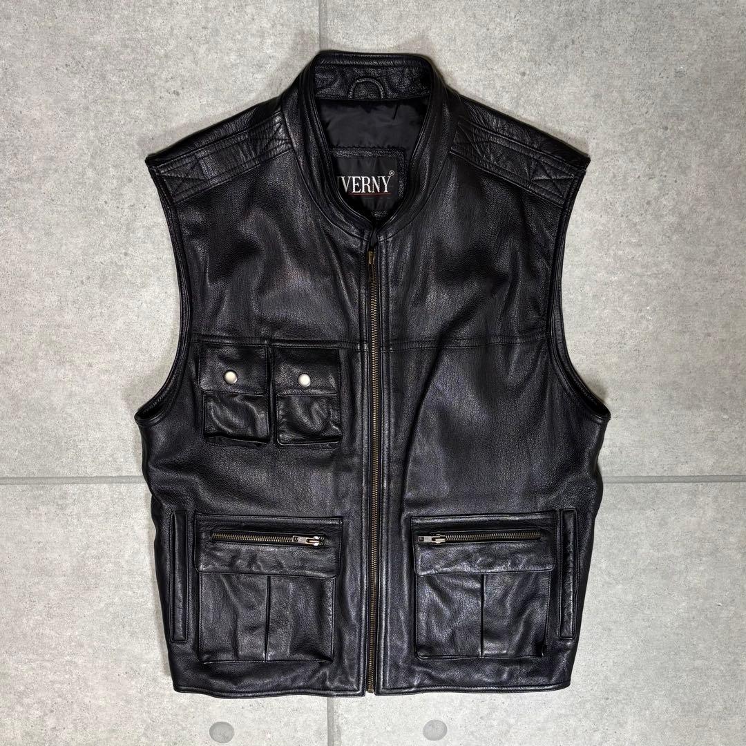 ヴィンテージ　レザーベスト　本革　90s　ギミック　マルチポケット　シンチバック
