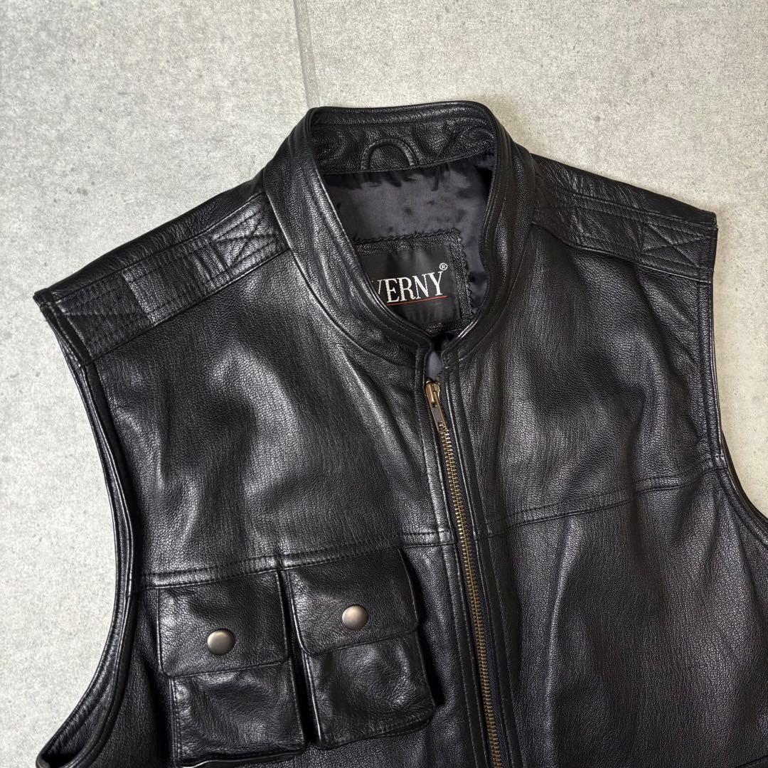 ヴィンテージ　レザーベスト　本革　90s　ギミック　マルチポケット　シンチバック