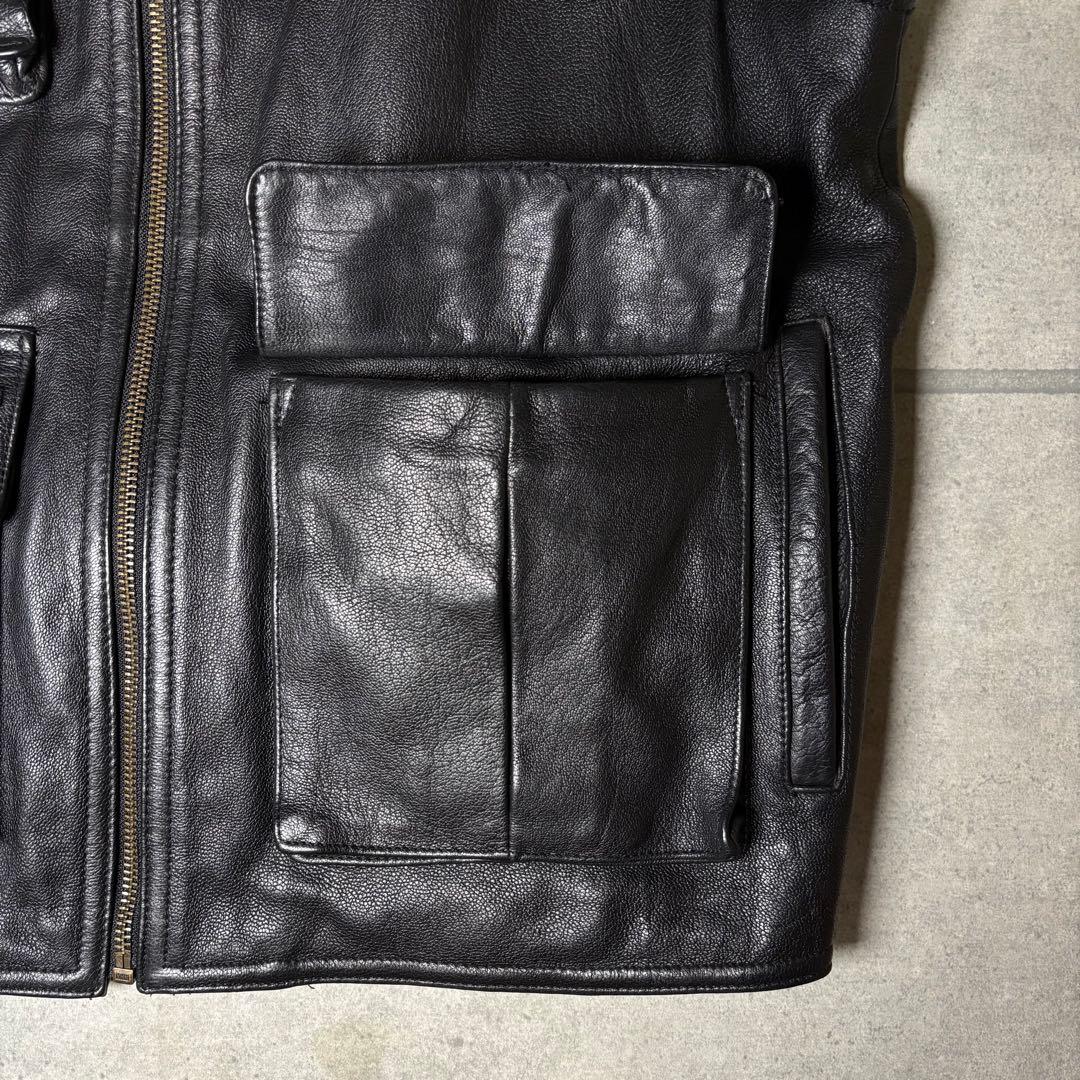 ヴィンテージ　レザーベスト　本革　90s　ギミック　マルチポケット　シンチバック