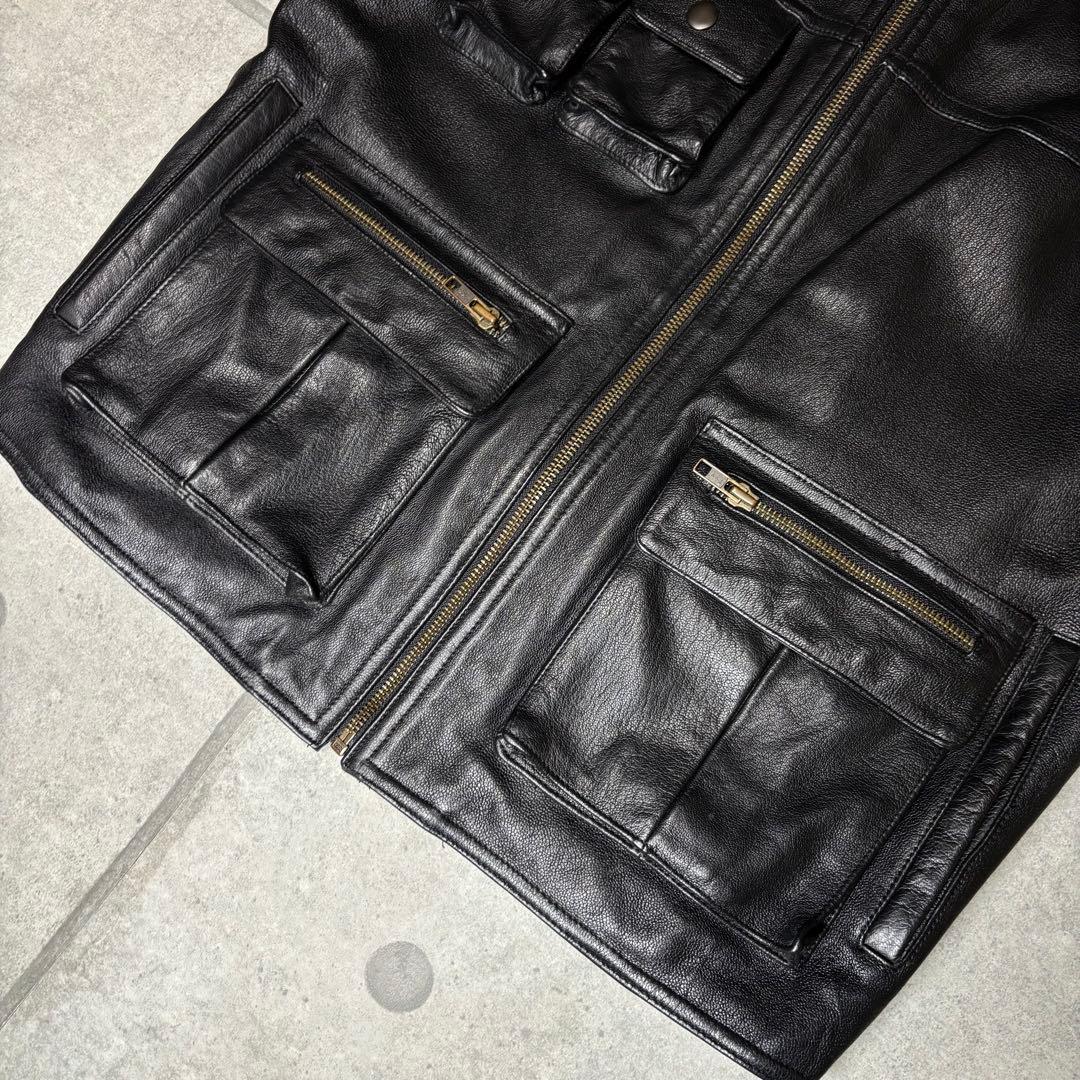 ヴィンテージ　レザーベスト　本革　90s　ギミック　マルチポケット　シンチバック