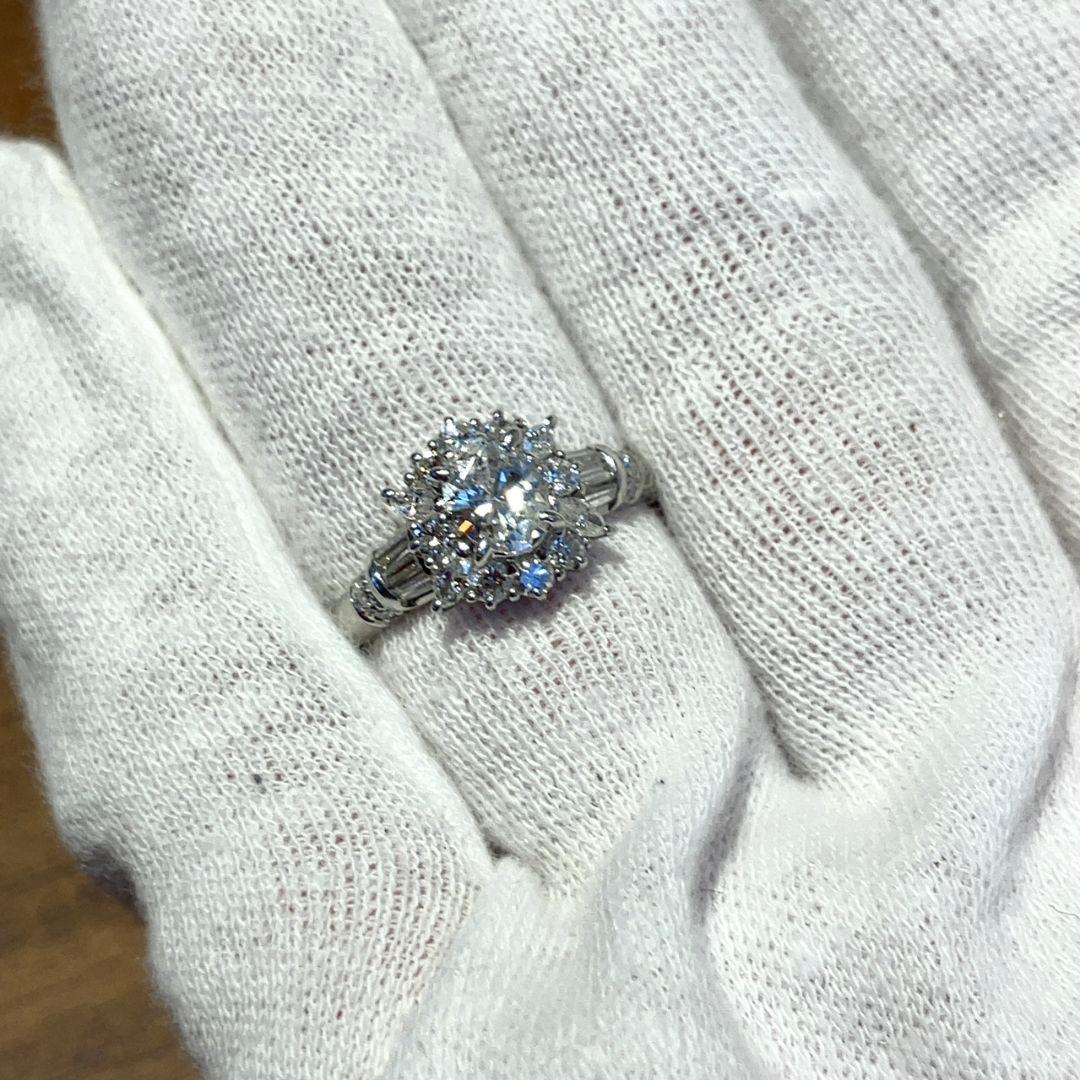 Pt900 天然ダイヤモンド 合計1.11ct 豪華 ヘイロー オーバル リング