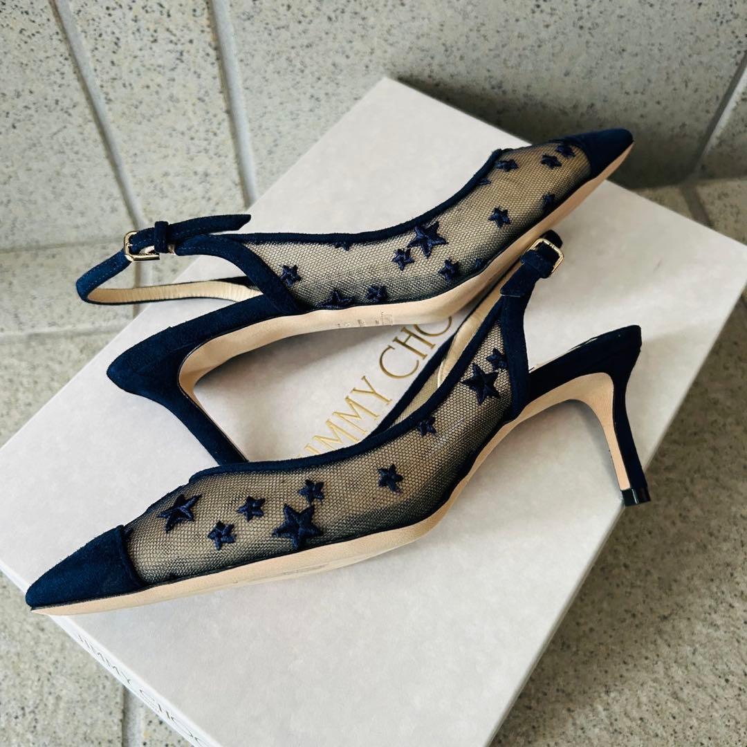 【正規品】JIMMY CHOO ネイビー 星柄　パンプス バックベルト　着用1回
