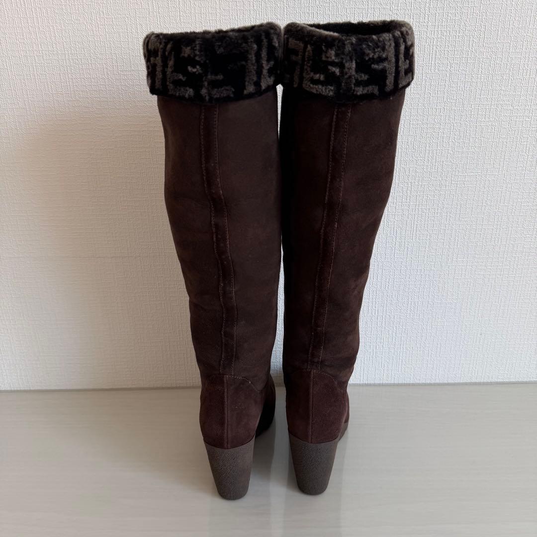 フェンディ　ロングムートンブーツ　スエード　イタリア製　FFロゴ　ズッカ柄　茶