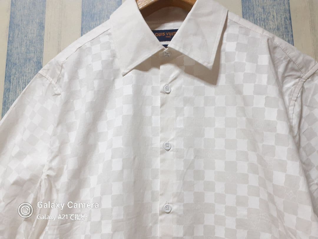 伊製 ルイヴィトン/242MF ダミエ ロゴ/ジャガード 半袖シャツ XL程度