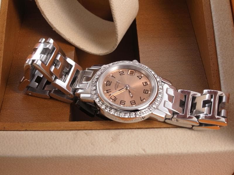 本物保証　エルメス　ウォッチ　ダイヤベゼル　ピンクゴールド文字盤