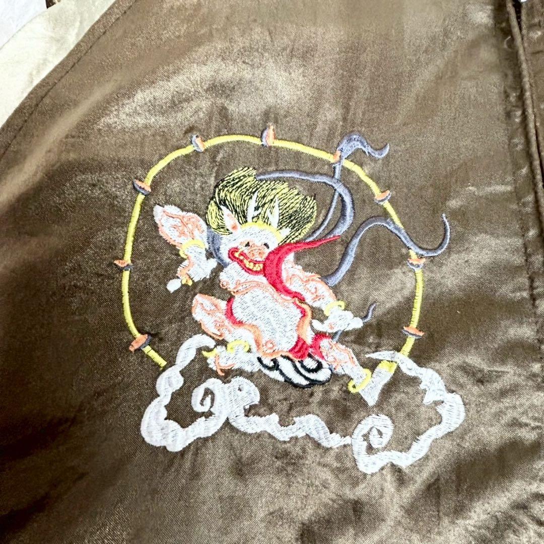 MS:NICK SIXX 風神雷神 スカジャン 刺繍 ブラウン中綿 サテン生地L