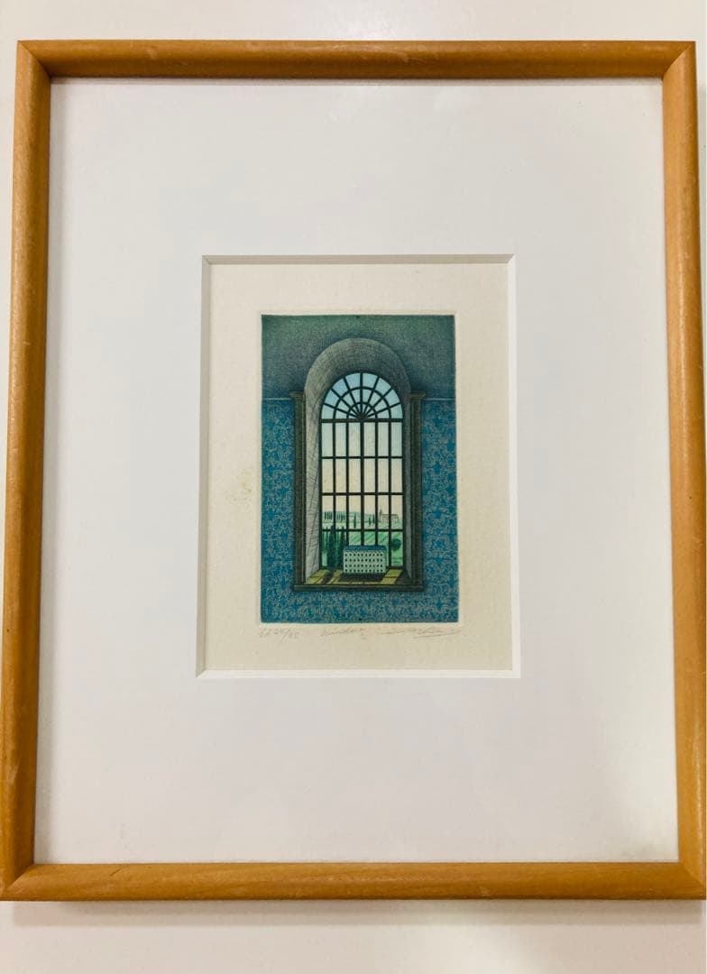 レトロリトグラフ？版画？ 『window』 版画+手彩色?　 直筆サイン　45部