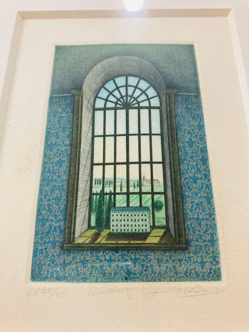 レトロリトグラフ？版画？ 『window』 版画+手彩色?　 直筆サイン　45部