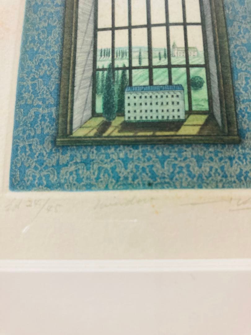 レトロリトグラフ？版画？ 『window』 版画+手彩色?　 直筆サイン　45部