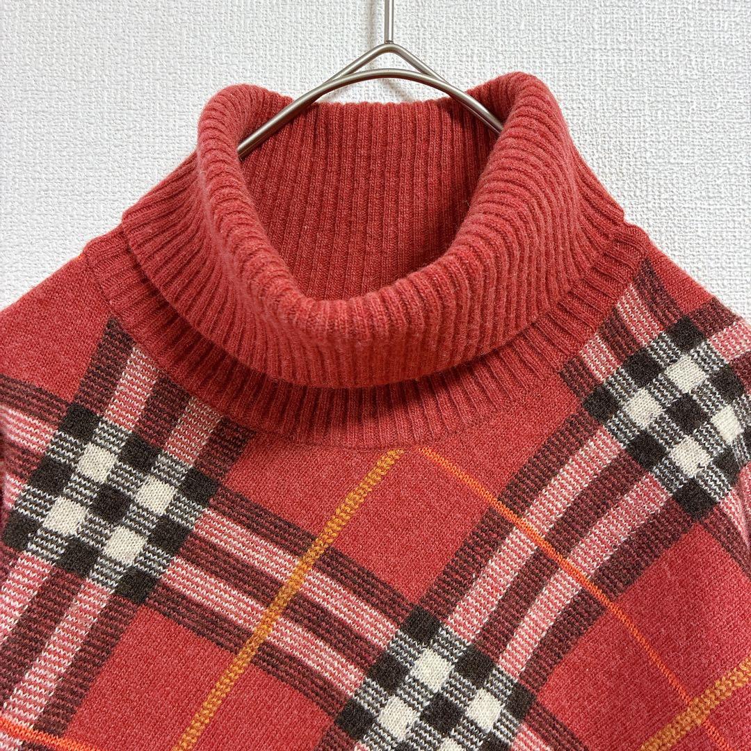 バーバリー◇ブルーレーベル【M】タートルネックニットセーター メガチェック柄 赤