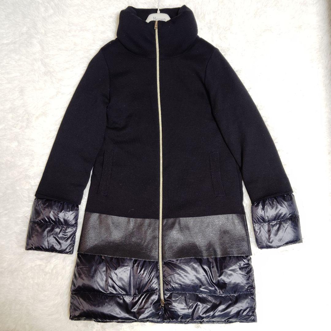 美品 HERNO ダウンコート 切替 異素材 ニット 44 2XL 黒