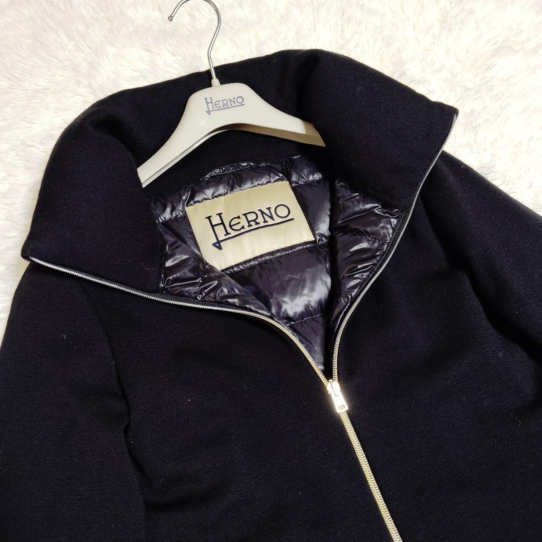 美品 HERNO ダウンコート 切替 異素材 ニット 44 2XL 黒