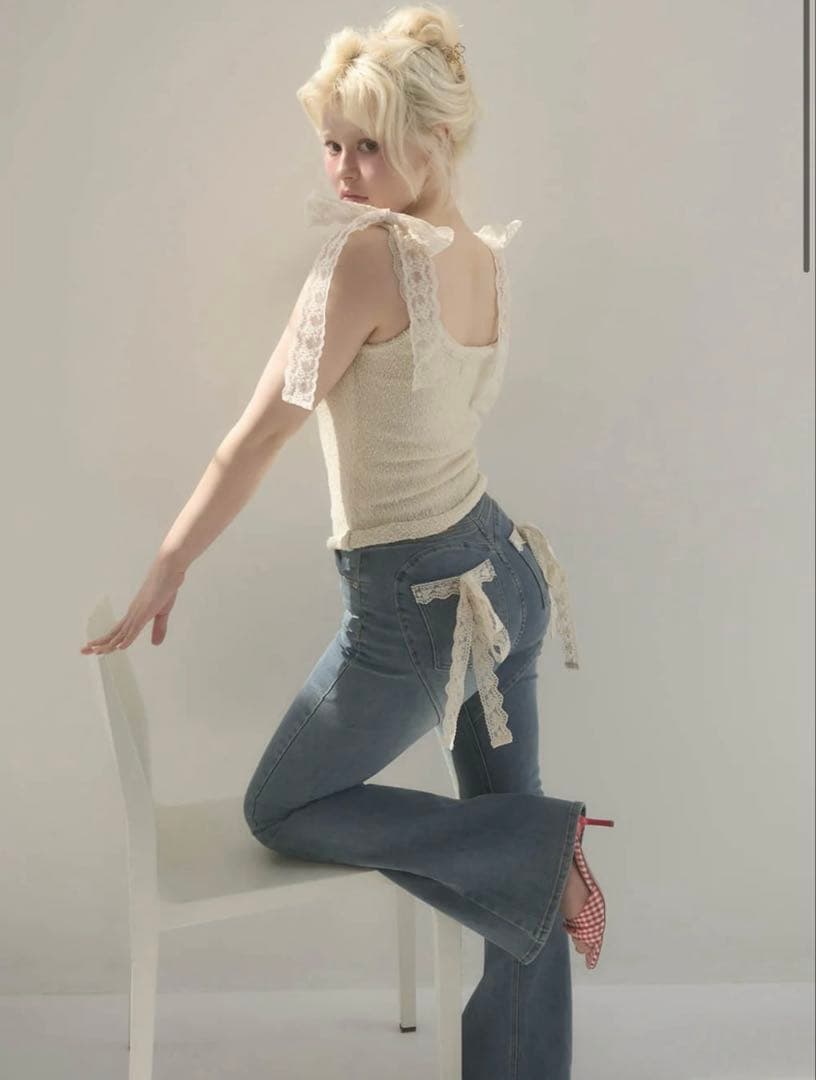 【新品】andmary Lacey ribbon heart hip denim