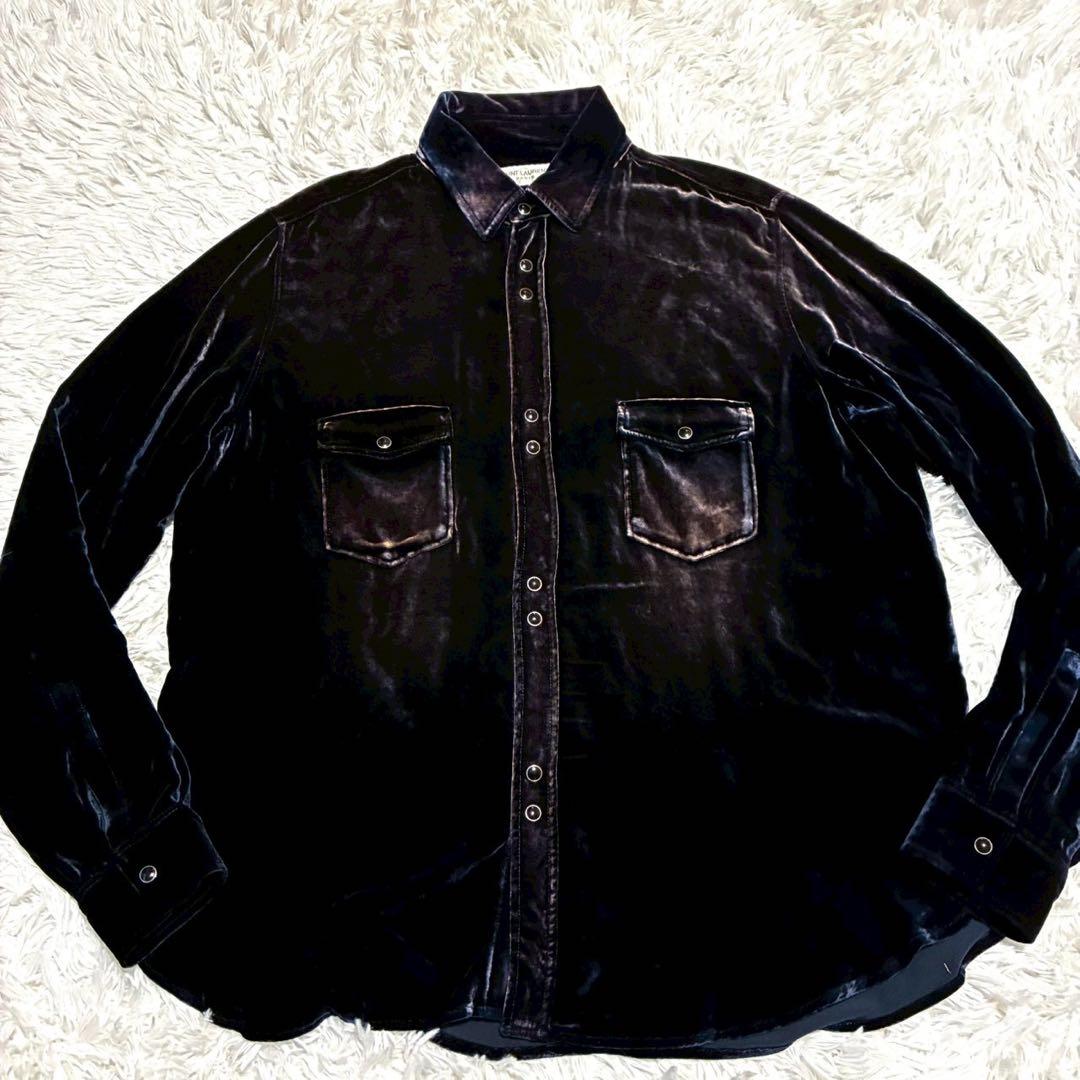XL⭐️SAINT LAURENT 長袖シャツジャケット　ベロア　光沢感　黒系