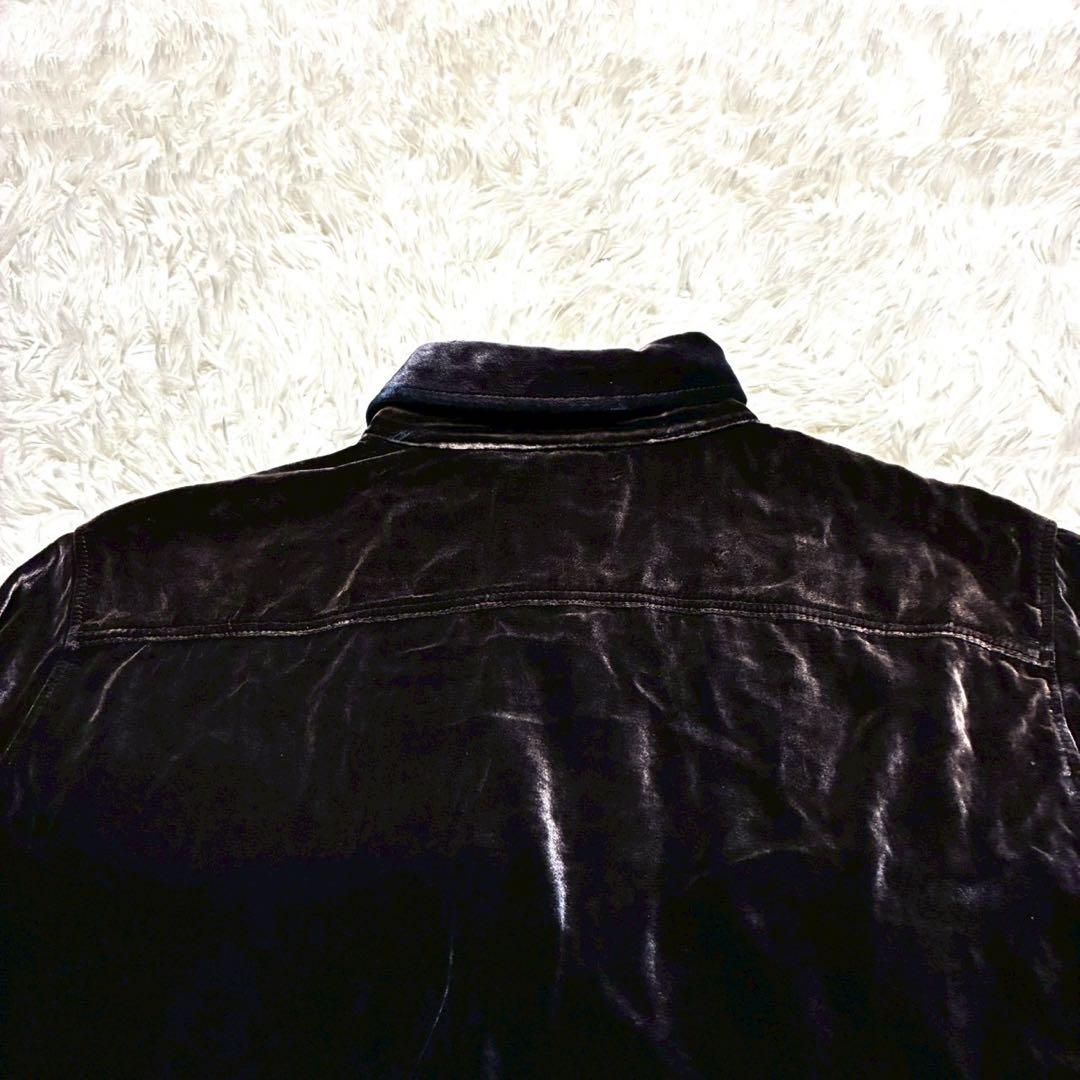XL⭐️SAINT LAURENT 長袖シャツジャケット　ベロア　光沢感　黒系
