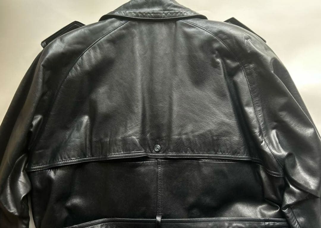 vintage牛革オールレザー ダブル トレンチコート ブラック ロング ベルト