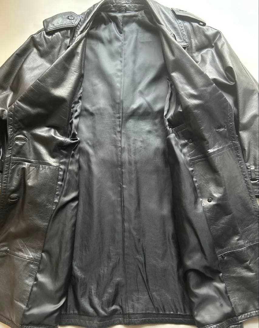 vintage牛革オールレザー ダブル トレンチコート ブラック ロング ベルト