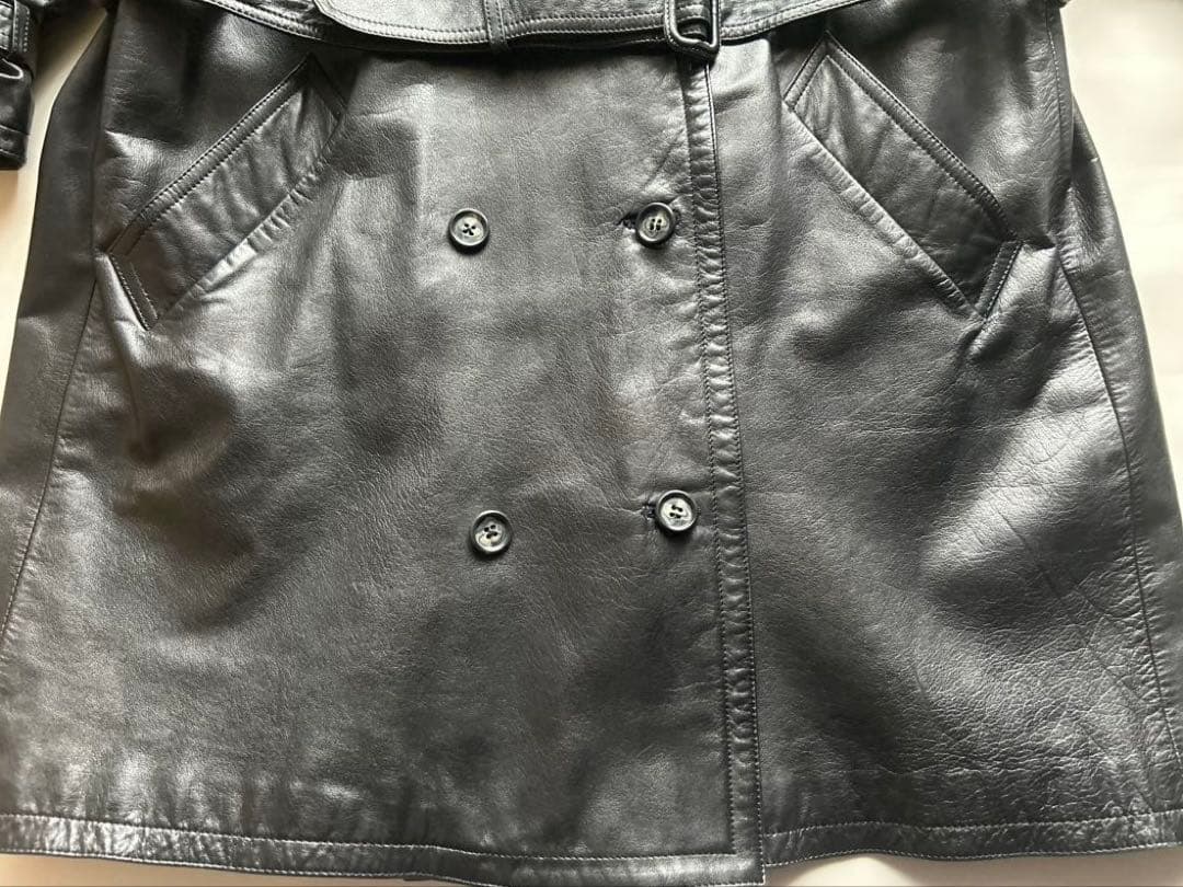 vintage牛革オールレザー ダブル トレンチコート ブラック ロング ベルト