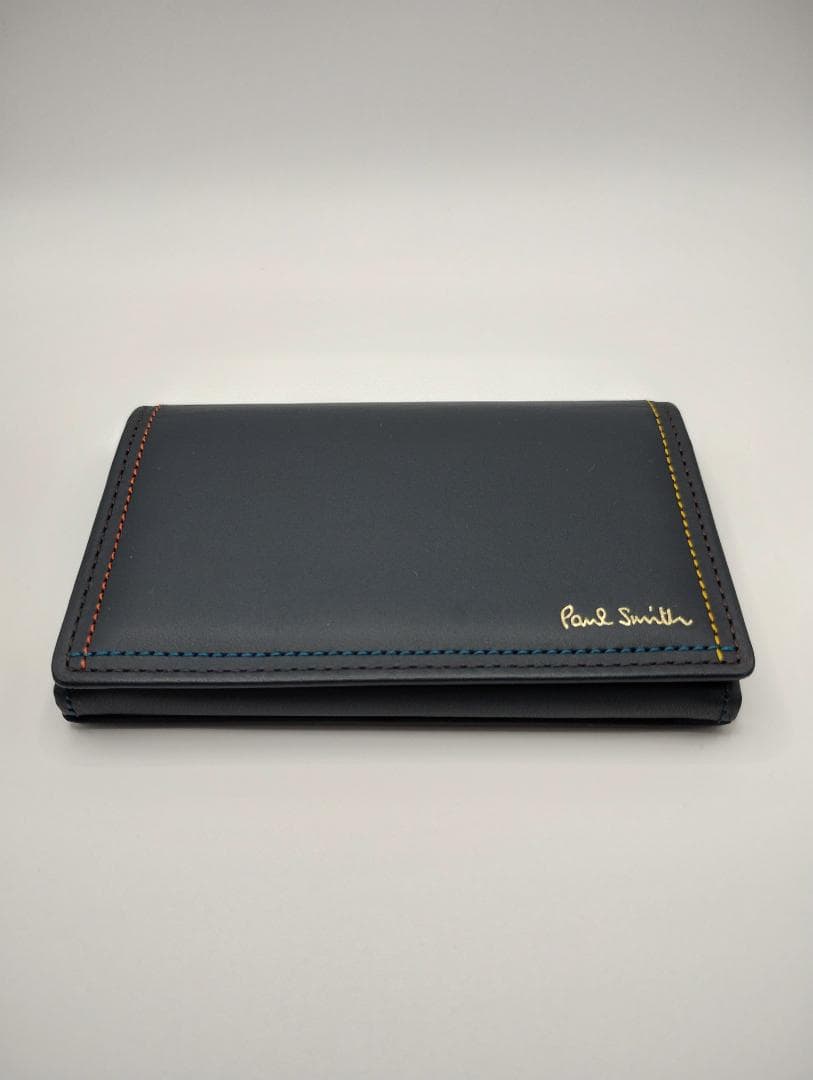 【新品・未使用】 ポールスミス 名刺入れ ネイビー レザー ステッチ箱付き