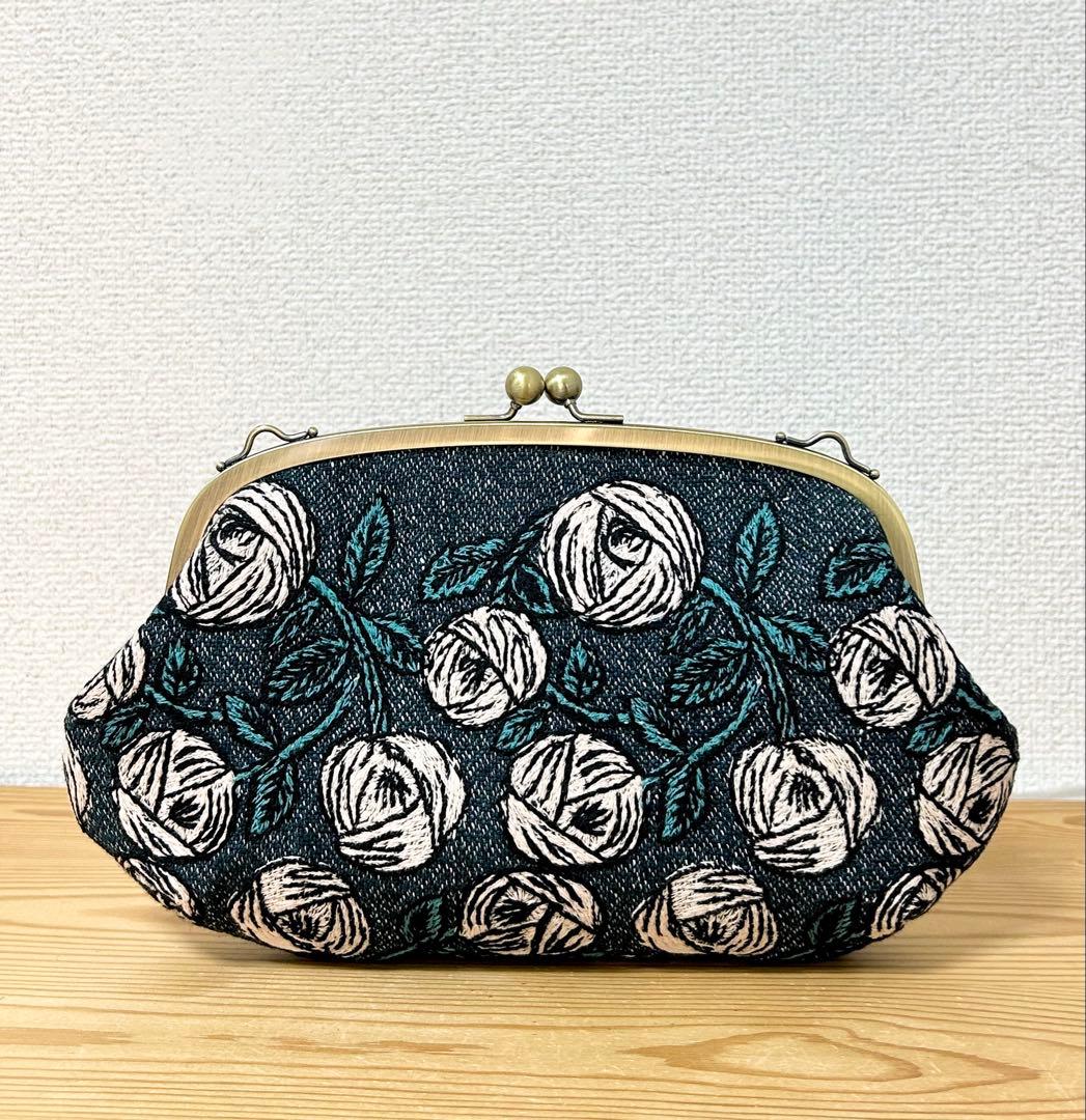 ハンドメイド がま口バッグ ポーチ rosy ブルーグリーン ミナペルホネン